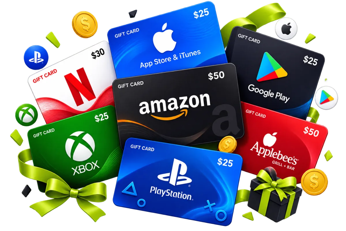 Un éventail de cartes-cadeaux : Amazon, Netflix, App Store, PlayStation, Xbox, Google Play